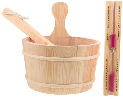 KALLORY Juego de Accesorios para Sauna con Cubo de Madera de 4l y Cucharón Ergonómico, Material Natural Beige Adecuado para SPA y Baño de Vapor