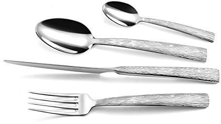 Albert de Thiers - Lisa - Ménagère 24 Pièces - Couverts en Inox - Finition Miroir avec Motif Perlé - 6 Couteaux, 6 Fourchettes, 6 Cuillères - Effet Rainures Bois - Boîte Couleur