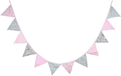 Oblique Unique® Bunte Wimpel Girlande Baumwolle Wimpelkette Doppelseitig Farbenfroh Drinnen & Draußen - Motiv wählbar (Rosa-Grau)