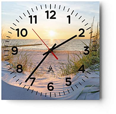 ARTTOR Moderne Glasuhr 30x30cm Quadrat Wanduhr Landschaften Maritim - 3989 | Düne Strand Meer Glas Analog Wanduhr Lautlos Wanddekoration Wohnzimmer Büro Küche Wanddeko Küchenuhr Geräuschlos ARTTOR