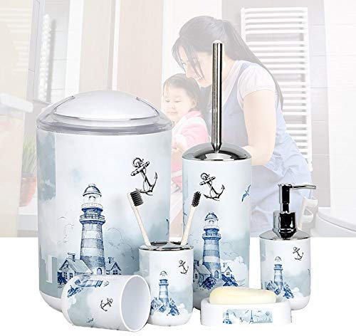 6 Piece Plastic Bathroom Accessory Set Luxury Lighthouse Bath Accessories Bath Set Lotion Bottles,Toothbrush Holder,Tooth Mug,Soap Dish,Toilet Brush,Rubbish for Modern Design