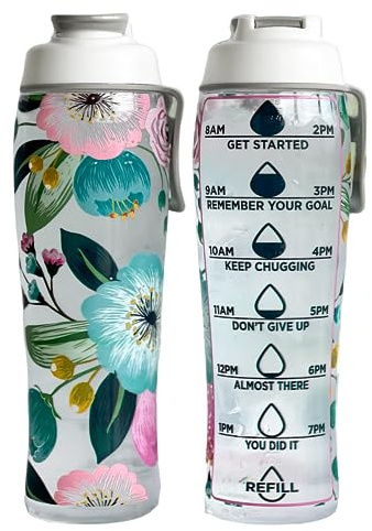 50 Strong Reusable Water Bottle with Time Markers – 30 oz BPA-Free Leakproof Bottle with Chug Cap & Easy-Carry Handle – Made in USA (Pretty Flowers)