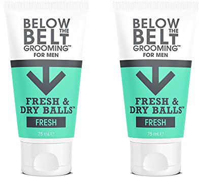 Below The Belt Grooming Fresh & Dry Ball Déodorant intime et crème anti-frottement pour hommes, Protège contre la sueur, les odeurs et les frottements, Parfum frais 2 x 75 ml