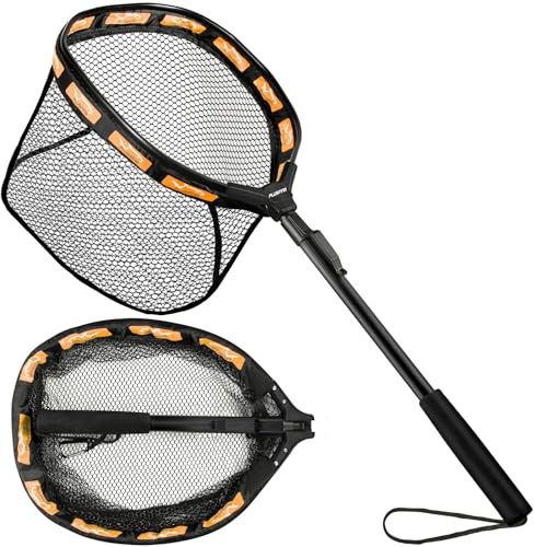 PLUSINNO Rete da pesca galleggiante per Steelhead, salmone, mosca, kayak, spigola, pesca alla trota, pesce gatto, guadino rivestito in gomma per una facile cattura e rilascio, compatta e pieghevole