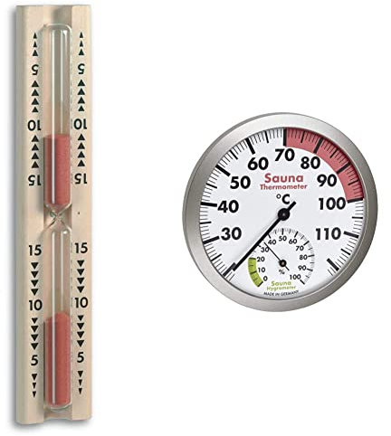 TFA Dostmann - Termoigrometro analogico per sauna con materiali resistenti al calore, temperatura dell'aria & faggio 40.1001 Clessidra per Sauna in Legno 28,7x5,2x3 cm