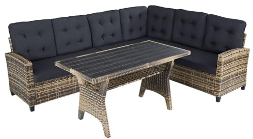 tectake® Gartenbank, Set mit Bank und Esstisch, Rattan Eckbank Outdoor Lounge, Sitzecke wetterfest als Gartenlounge, Balkon Möbel, Wintergarten, Terrasse - Natur