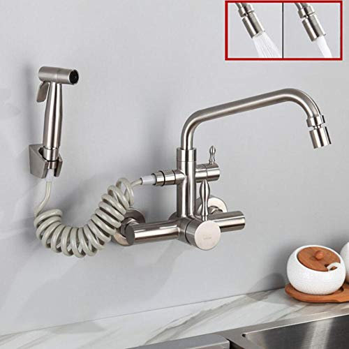 Küchenarmatur zur Wandmontage, ausziehbare Multifunktions-Spritzpistole, Edelstahl 304, Wandmontage, Heiß- und Kaltwasserhahn, Spüle mit Siebenwortrohr, doppeltes Wasser (Sieben)