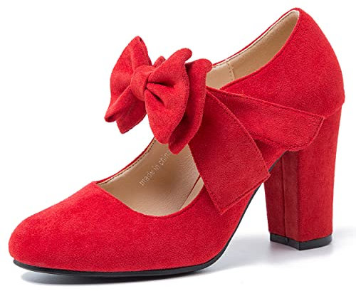 Women's Mary Jane Pumps with Bow, 3.54 Inch Chunky Heel, Round Closed Toe Dress Shoes Red US 6.5