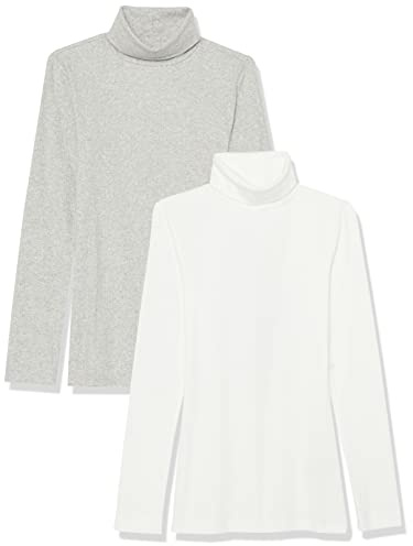 Amazon Essentials dam slim-fit lager långärmad stickad ribbad polotröja topp (finns i plusstorlek), paket med 2, vit/grå, medium