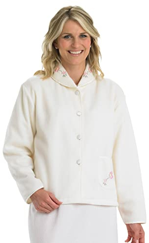 Slenderella Veste de lit boutonnée en polaire brodée de 61 cm, vanille, S