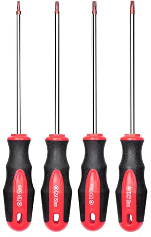 ROTATION 4PCS Magnetic Tip Torx Screwdriver Set, 4 Torx Star Screwdrivers, T20, T25, T27, T30, Red Tip | Red, Gloss, S2 Steel