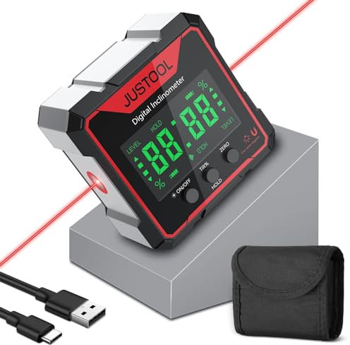 JUSTOOL USB Charging Digital Level Box Angle Finder with Laser, 4-Side Strong Magnetic Angle Gauge IP54 Waterproof Inclinometer Level Angle Measurement Tool for Carpentry Building Masonry Automobile