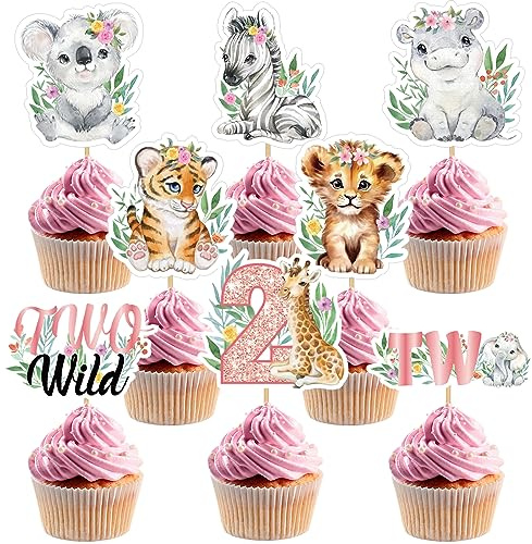 Weecent 48 Pcs Two Wild Cupcake Toppers, Two Wild Birthday Decorations Girl Jungle Animal Cake Toppers Safari Birthday Decorations 2nd Party Cake Supplies