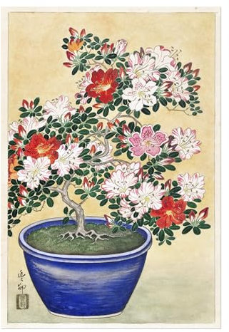 Pathos Studio OHARA KOSON – Blühende Azalee im blauen Topf (Giclée Kunstdruck) 40,6 x 55,9 cm