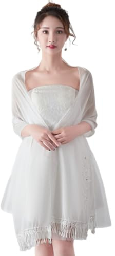SamHeng Mujer Tul Chalees y Envolturas para Vestidos de Noche, Elegante Flor Bordada Rhinestone Bufanda Estola, Mantón de Boda Borla Chal Pashmina para Novia Damas de Honor Disfraz de Fiesta (Blanco)