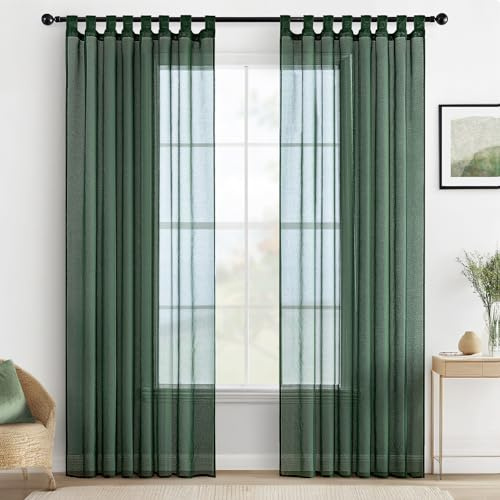 MIULEE Schlaufenschal Voile, Gardinen 2er Set, Dunkelgrün 140x245 cm | Luftige Transparente Voile-Gardinen mit Schlaufen, Dekorativer Sichtschutz für Wohnzimmer und Schlafzimmer