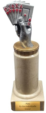 eberin · Der Champion der Kartenspiele: Resin-Pokerpokal mit Wunschtext · Pokerturnier · Black Jack-Abend · Rommé · MAu MAu · Kartenspiel in der Hand · Größe 20 cm