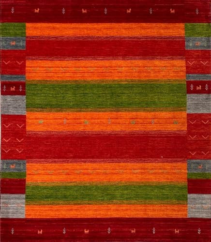 Gabbeh Teppich 100% Wolle 200x250 cm Rot Grün Handgewebt Orientteppich Bunt 108