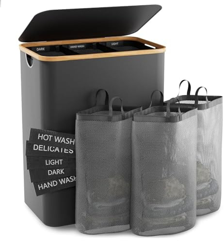 Bathola Wäschekorb mit Deckel 145L, Große Wäschesortierer 3 Fächern, Beige | Wäschesammler mit 3 herausnehmbaren Wäschesäcken, faltbarer Wäschetrenner aus Stoff für Bad, Schlafzimmer & Waschküche