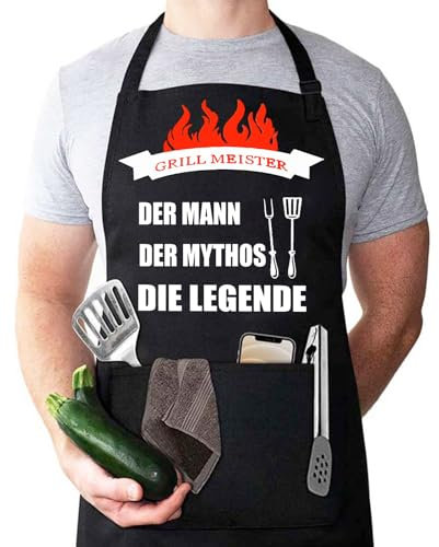 JINGTOPS Kochschürze Herren, Grillschürze für Männer mit Zwei Fronttaschen, Verstellbarem Nackenband,Grillzubehör Männer Vatertag Geburtstag Geschenk