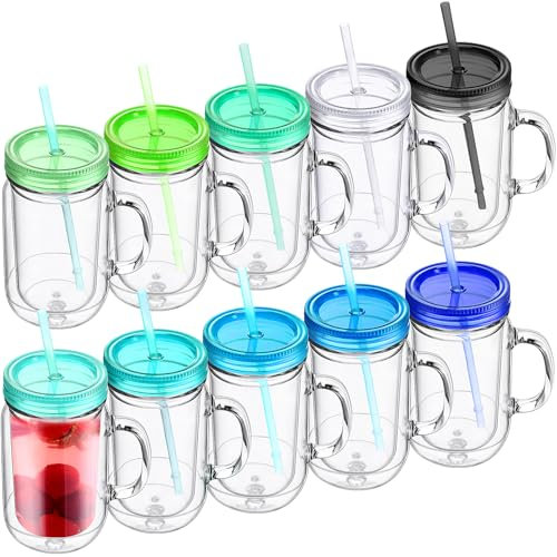 Suclain 10 Pack Plastic Mason Jars with Handles, Lids and Straws Mouth Mason Jar Mugs 20 oz Double Insulated Tumbler with Straw Large Clear Plastic Mug for Adults(Fresh Color)