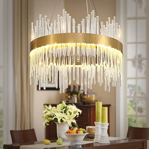 AOOCHOK Modern Crystal Chandelier Gold Pendant Light Fixtures, Small Crystal Hanging Lamp for Entryway, Corridor, Balcony, Porch, Restaurant, Door Opening, D40cm