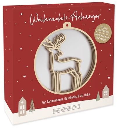 Grafik Werkstatt Weihnachts-Anhänger aus Holz | Baumschmuck | 3 Stück | Rentier, Braun