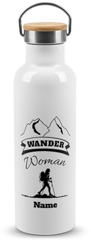 PR Print Royal Personalisierte Edelstahl-Trinkflasche mit Spruch - Wander Woman - mit Name selbst gestalten - Geschenkidee für Frauen | Thermosflasche Weiß, 750 ml