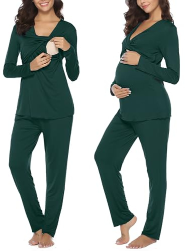 Irdcomps Pijamas de Lactancia para Mujer Invierno Algodón Embarazadas Mujer Maternidad Conjunto Largo Pijama de Hospital para Premamá S-XL (Estilo A- Verde，M)