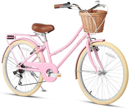 Glerc Missy 24“ Zoll Mädchen Cruiser Kinder Fahrrad 6-Gang Teen Hybrid City Fahrrad für Jugendliche im Alter von 12 13 14 15 Jahren mit Weidenkorb & Leichtgewicht, Pink