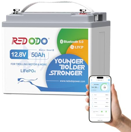 Redodo 12V 50Ah Batteria LiFePO4 con Bluetooth Basse Temp. per Barche | BMS 50A, 640Wh, IP65 Impermeabile, 4000 Cicli, Leggera e Trasportabile Adatta Anche per Trolling Motor, Sonda di Pesca Camper