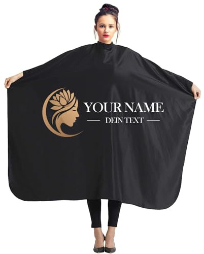 Mantella da parrucchiere personalizzata di parrucchieri 140 x 110 cm Grembiule professionale nero, salone di bellezza e uso domestico con il tuo testo personalizzato [111]