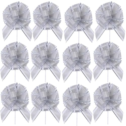 EVDZNA Große Geschenkschleife, 12 Stück Große Geschenkschleife, Geschenkband Matt Schleife, Silbrig, für Basteln Verpacken Hochzeit Geburtstag Geschenkverpackung, 18 cm