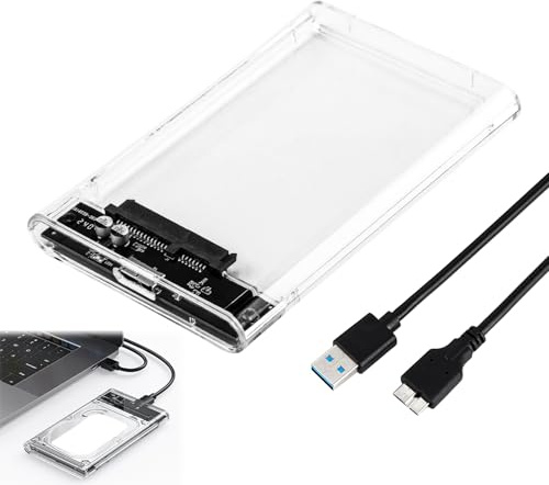 Caja de disco duro de 6.3 cm, USB 3.0 a SATA III, carcasa de disco duro externo transparente sin herramientas con soporte UASP, funda transparente para disco duro externo con indicador LED para HDD y