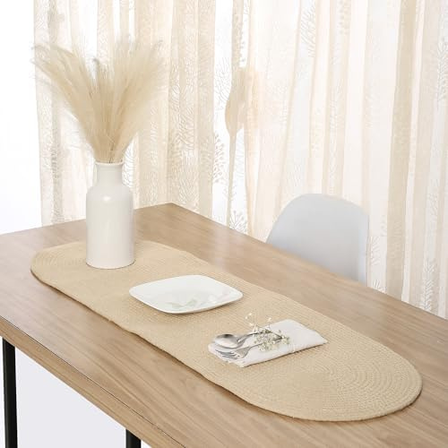 Encasa XO Chemin de Table | Style Côtelé Fait à la Main en Coton | 30x91 cm | Beige | pour Tables Basses et Tables de Café