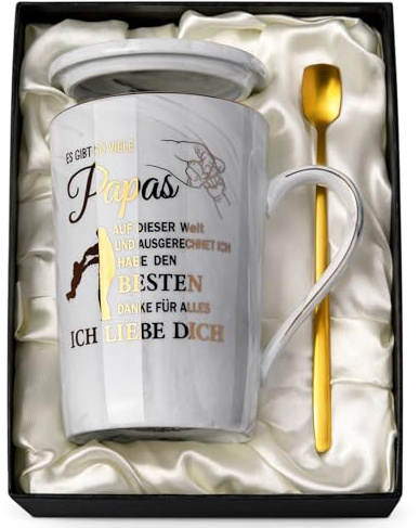 Papa Geschenk zum Geburtstag Vatertag, Geschenke für Papa, 400ml Grau Tasse | Marmor Becher mit Edler Golddruck, Vater Geburtstagsgeschenk Tasse mit Deckel, Löffel, Grußkarte, Eleganter Geschenkbox