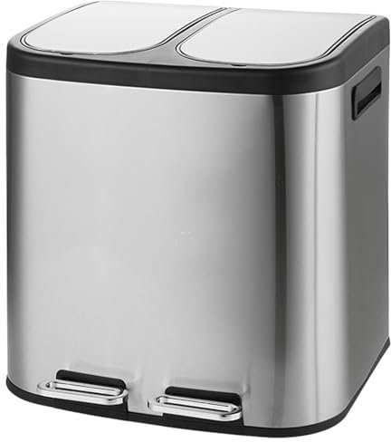 QPQPQ Poubelle de Cuisine rectangulaire à Deux Compartiments, Poubelle en Acier Inoxydable, Poubelle résistante aux Taches avec Couvercle et pédale,Argent,30L