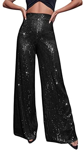 Glitzer Hose Damen Paillettenhose High Waist Weite Bein Hose Elegante Glitzerhose für Party Disco Kostüm Festival Glänzende Schlaghose 70er 80er Style Clubwear Rave Outfit