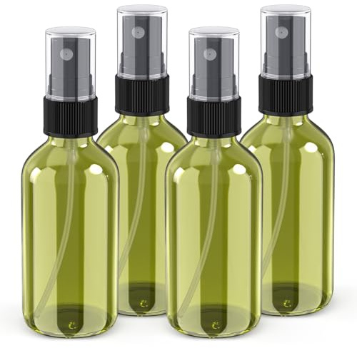 Wedama 4 oz Mini Glass Spray Bottles, Empty Small Spray Bottles with Funnel Dropper, Fine Mist for Hair, Travel, Plants, Cleaning Solutions and Skin Care (4 Pack Olive Green)