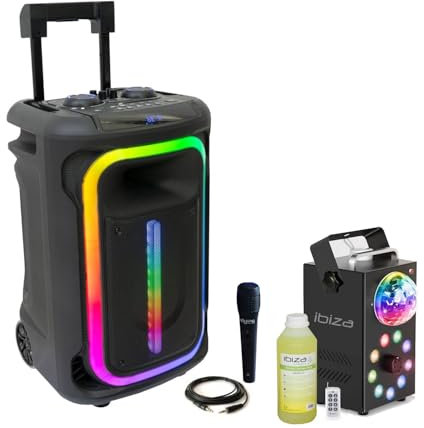 Pack Karaoké Enceinte Autonome USB Bluetooth Portable TWS 800W Ibiza MOBILE800-1 Micro - Machine Fumée LED Foggy-Astro DJ Fête