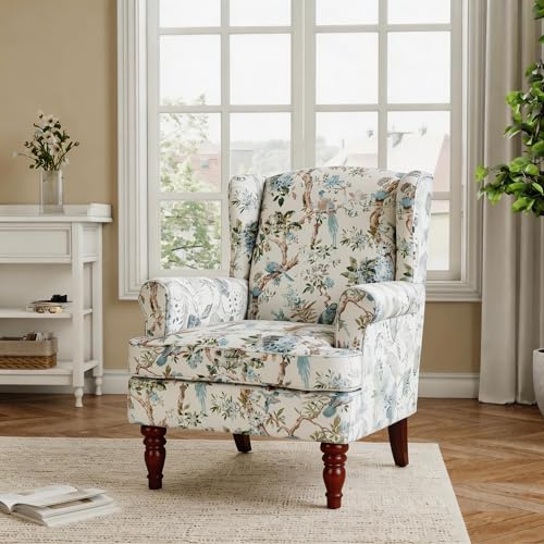 AZRBOPO Wingback Armchair, Retro Accent Chair Soft Padded Fabric Lounge Padded Sofa Chair, Retro Vantage Leisure Armchair for Living Room Bedroom - Solid Wood Frame - Bird