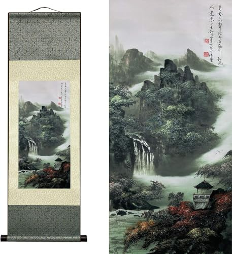 AtfArt Silk Scroll Painting, Wall Decor, Waterfall Landscape, 36.2x12in | Mountain Spring Autumn Colors, Chinese Landscape Art Scroll for Living Room, Bedroom, Office Decor