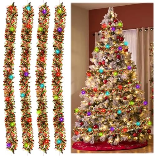 4 Stück 2M Weihnachtsgirlande mit 5M 50 LED Lichtern, Lametta Girlande Weihnachten Deko, Künstliche Tannengirlande, Weihnachtskranz für Kamin, Treppe, Haustür, Weihnachtsbaum (2m, 4 Stück)