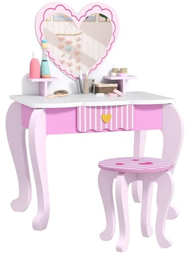 AIYAPLAY Kids Dressing Table Set, 2-Piece Girls Vanity Table with Mirror, Stool, Drawer, Storage, Desktop, Heart-Themed Makeup Desk and Chair, Pink