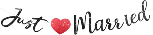 Just Married Girlande,Deko Hochzeit Girlande,Vintage Wimpelkette,Just Married Auto Deko Hochzeit Banner für Wedding Brautdusche Hochzeitszeremonie(Schwarz mit Glitzer)