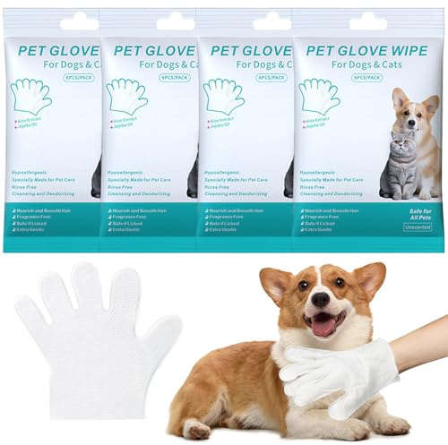 Editbar 24 unidades/4 paquetes de guantes de limpieza y desodorización para el cuidado del pelaje, toallas para mascotas, cuidado suave del pelo, cuidado diario y viajes