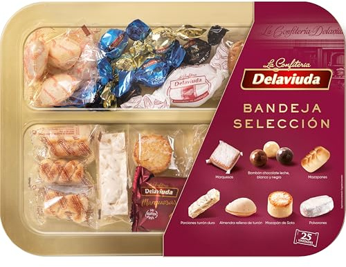 Delaviuda, Bandeja Selección de Navidad, con Turrón Duro, Turrón de Chocolate, Marquesas, Polvorones, Figuritas de Mazapán y Bombones, Dulces Navideños para Cesta Navidad, Made in Spain, 380 gramos