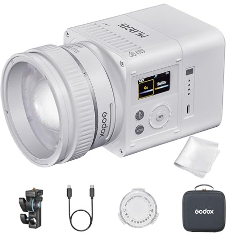 Godox ML80Bi Bi-Color LED Videoleuchte 2800–6500K, 29.600 Lux, Kompakte Modulleuchte mit Zoomobjektiv, App- & Drahtlossteuerung, CRI 96 TLCI 96, Akku- & Netzbetrieb für Foto und Video