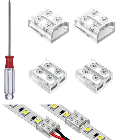 4 Stücke LED Verbinder 2 Polig, LED Streifen Verbinder 8mm 12V, Transparent Lötfrei Schraubklemmenblock mit Schraubendreher für LED Streifen zu Kabel und LED Streifens, für 12V und 24V SMD COB Streife