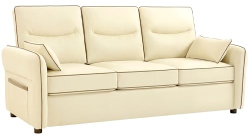 HOMCOM Sofá de 3 Plazas, Sofá de Salón Moderno, 190x83x90 cm, Tapizado en Cuero Sintético, Acolchado Grueso, Asiento Ancho, Reposabrazos y Bolsillo Lateral, Montaje Rápido, 2 Almohadas, Beige